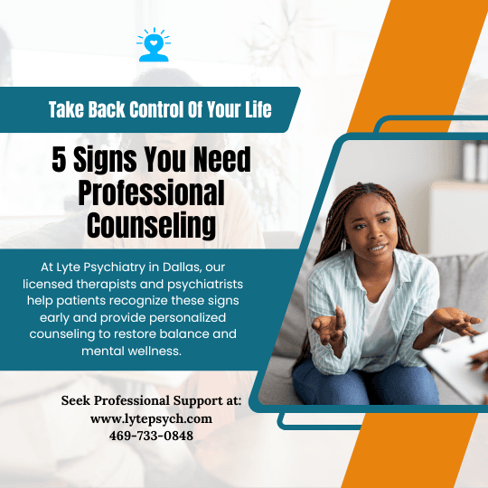 If you’ve been struggling with anxiety, sadness, or stress and aren’t sure where to turn, professional counseling at Lyte Psychiatry in Dallas can help.